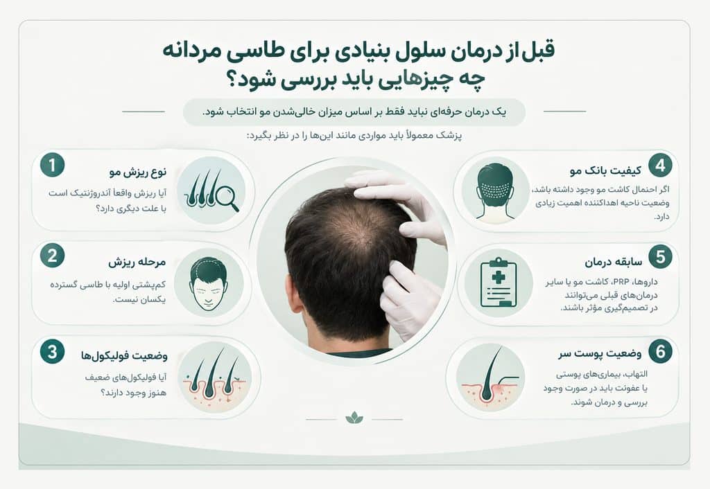قبل از درمان سلول بنیادی برای طاسی مردانه چه چیزهایی باید بررسی شود؟